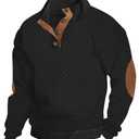 QOSOQ Men's Casual Sweatshirt Pullover Sweater Casual Long Sleeve Stand Collar Quarter Button Sweaters Black, Size L