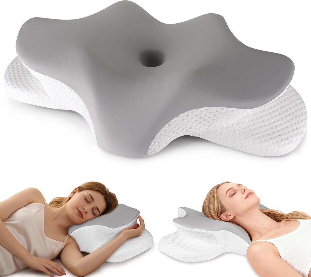 Cervical Neck Pillow for Pain Relief, Ergonomic Contour Pillow for Sleeping, 2 Heights Cooling Pillow for Neck and Shoulder Support, Memory Foam Orthopedic Pillow for Side Back Stomach Sleepers Grey