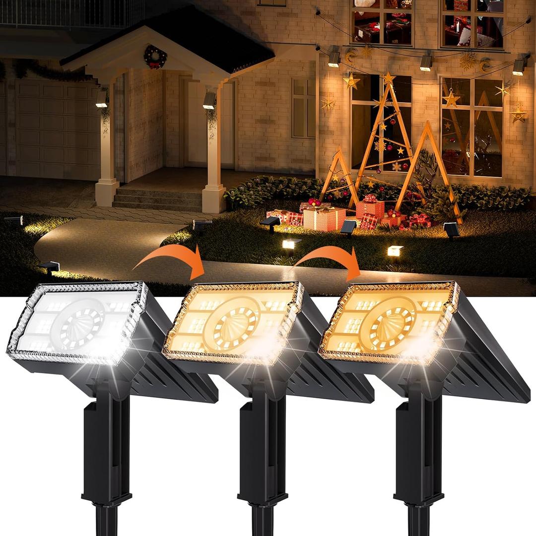 8-Pack Solar Spot Lights Outdoor Waterproof IP67, 3 Color Modes (Warm/Cool White/Hybrid) & 3 Lighting Modes, 105 Adjustable Uplights Dusk to Dawn Spotlights for Pathway/Garden/Yard/Wall Lighting