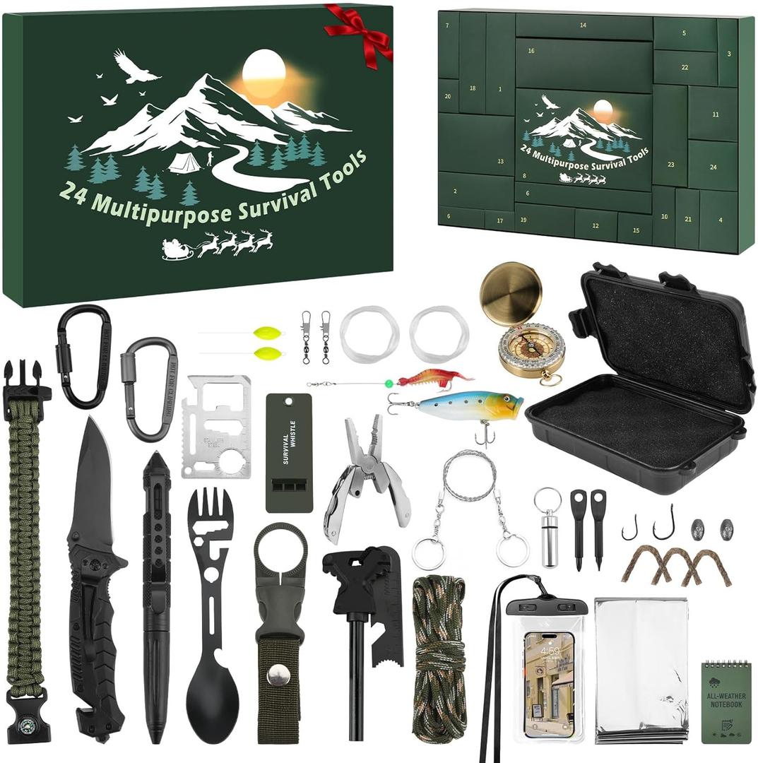 Survival Kit Advent Calendar for Men, 24 Days Christmas Countdown Calendar for Adults Survival Tools Gear Gift for Camping, Fishing, Hunting, Hiking