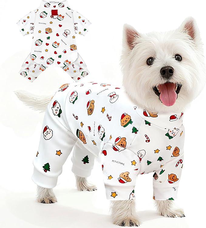 BAEJMJK Cute Christmas Dog Pajamas Stretchy Xmas Boy Girl Dog Clothes with D-Ring Holiday Pet Puppy Outfit Comfortable Warm Dogs Jumpsuit for Small Dogs Cats(White, Medium)