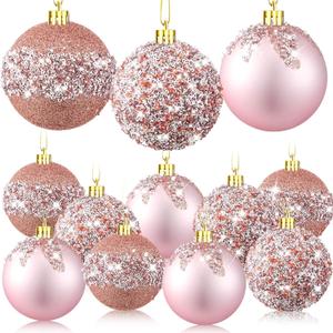 Syhood 12 Pieces Glitter Christmas Ball Ornaments Rhinestone Sequin Christmas Decorations Hanging Plastic Balls for Xmas Trees Wedding Party Holiday Decorations(3.15 Inch,Rose Gold)