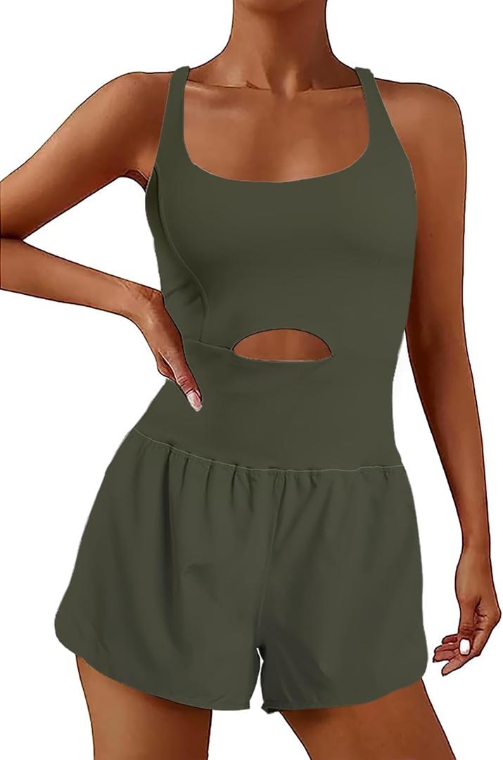 YOAKUKA Womens Workout Rompers Running Outfits Padded Bra Tennis Exercise Jumpsuits Gym Clothes (Medium, Dark Grey)