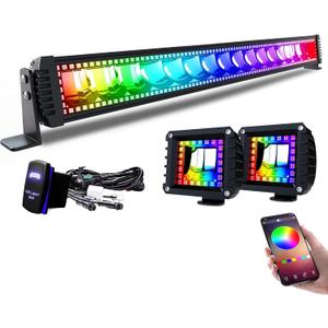 Lpteso RGBW LED Light Bar 32'' inch 180W Flood Spot Combo Beam 2PCS 4 Inch 18W Flood RGB LED Pods with 16 Solid Colors Chasing RGB Halo Ring Changing with Strobe Flashing with Rocker Switch Wiring