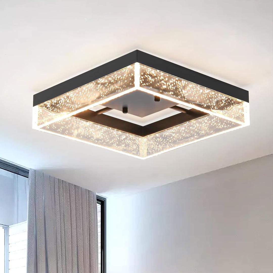 Qcyuui LED Flush Mount Ceiling Light, 11.81in 20W Modern Ceiling Light with Clear Bubble Acrylic,Square LED Ceiling Lamp for Kitchen Hallway Closet Living Room Bedroom, Black, 3000K Dimmable