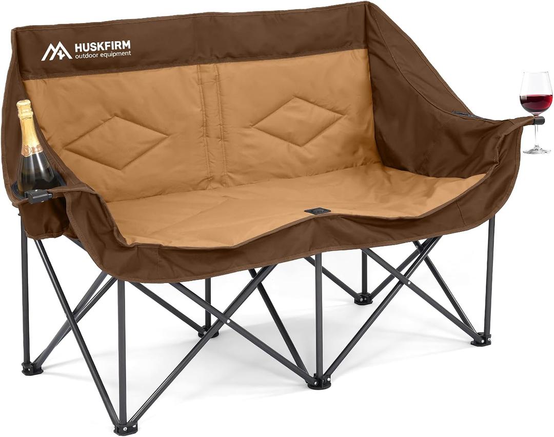 Double Camping Chairs for Adults Oversized Loveseat - 2 Person Camping Chair Heavy Duty Outdoor Camping Couch with Cup Holders - Portable Folding Chair for Outside Lawn, Brown