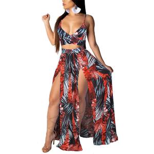 Women Sexy 2 Piece Outfits Dress Chiffon Strap Deep V Neck Bra Crop Top High Split Maxi Dresses Skirt Set (Black, XL)