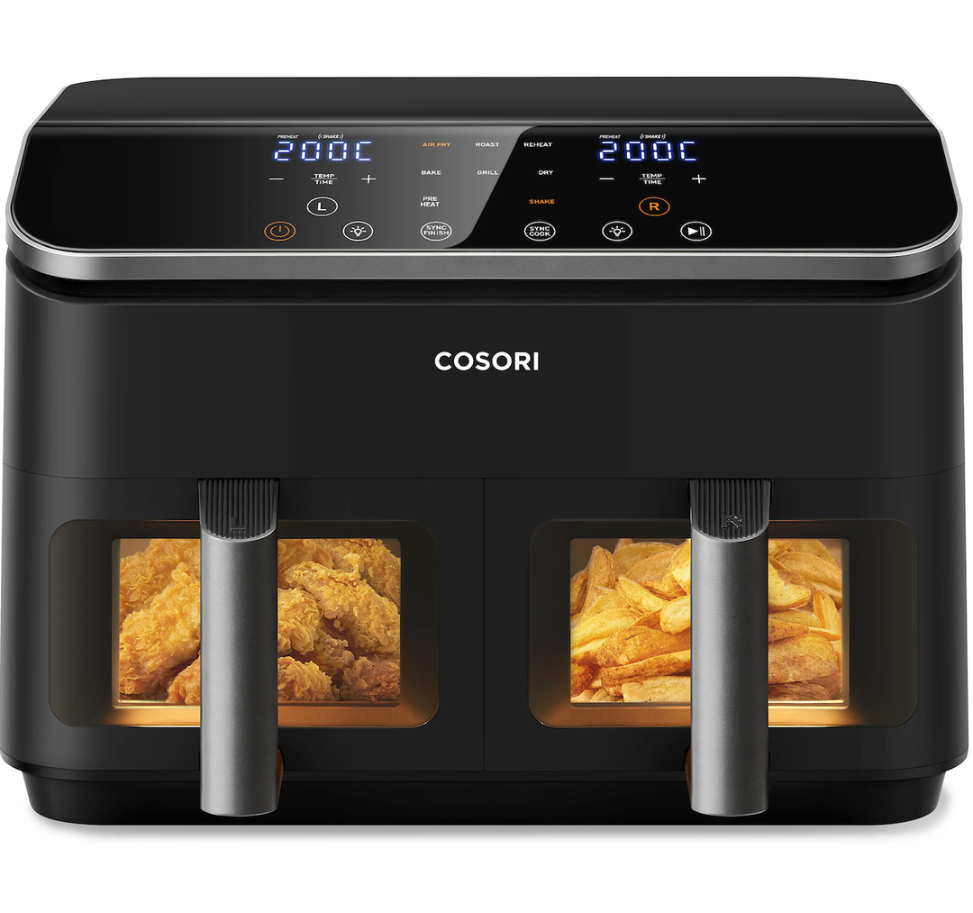 COSORI Dual Air Fryer 9Qt – 10-in-1, Fresh Balanced Meals for Family and Children with Double Baskets, Sync Cook & Finish to Bake, Roast, Reheat, Broil, Dishwasher Safe Black, Gray 8.52 L