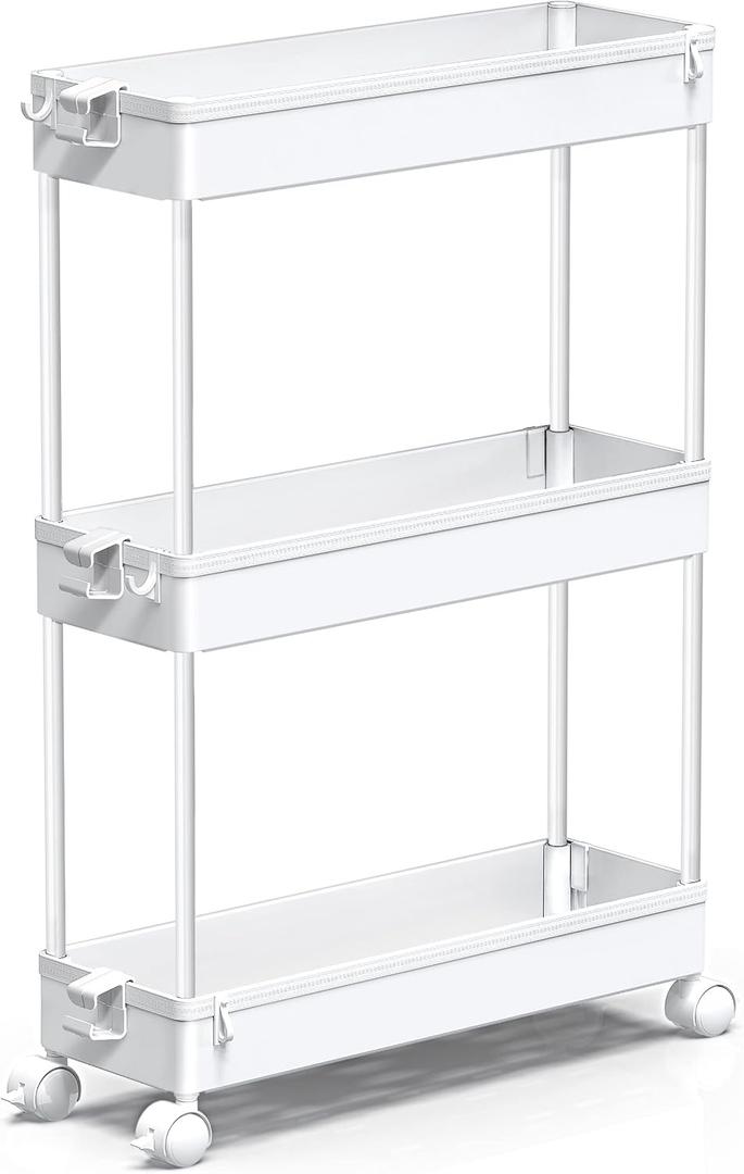 SPACEKEEPER Slim Rolling Storage Cart, 3 Tier Bathroom Storage Organizer Laundry Room Utility Cart Mobile Shelving Unit, Multi-Purpose for Kitchen Office Bathroom Laundry Narrow Places, White