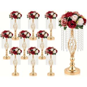 10 Pcs Metal Crystal Pendant Flower Stand, 19" Wedding Tall Vase Bulk, Metal Hollow for Wedding Banquet Event Anniversary Celebration Decoration (10, Gold)