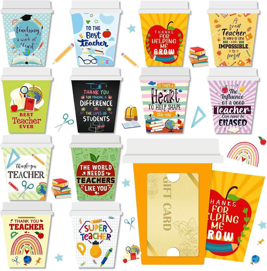 48 Pack Teacher Appreciation Gift Bulk Coffee Cup Card Thank You Gift Cards Holder Graduation Coffee Cup Cards End of Year Gifts for Teacher Day Favors
