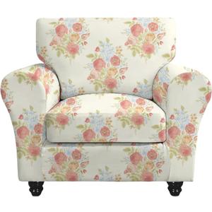 FUANGUI 2 Piece Chair Covers Stretch Arm Covers Chair Couch Covers, Armchair Slipcover with Separate Chair Cushion Cover, Floral Washable Chair Protector for Living Room (Armchair, Rose Pattern)