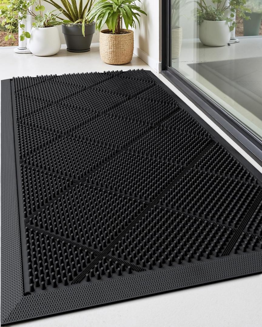 DEXI Front Door Mats Outside Entrance, 17x36 Rubber Waterproof Dirt Trapping Entry Mat for Entryway, Heavy Duty Non-Slip Low-Profile Welcome Doormat All Weather for Patio, Black (Charcoal)