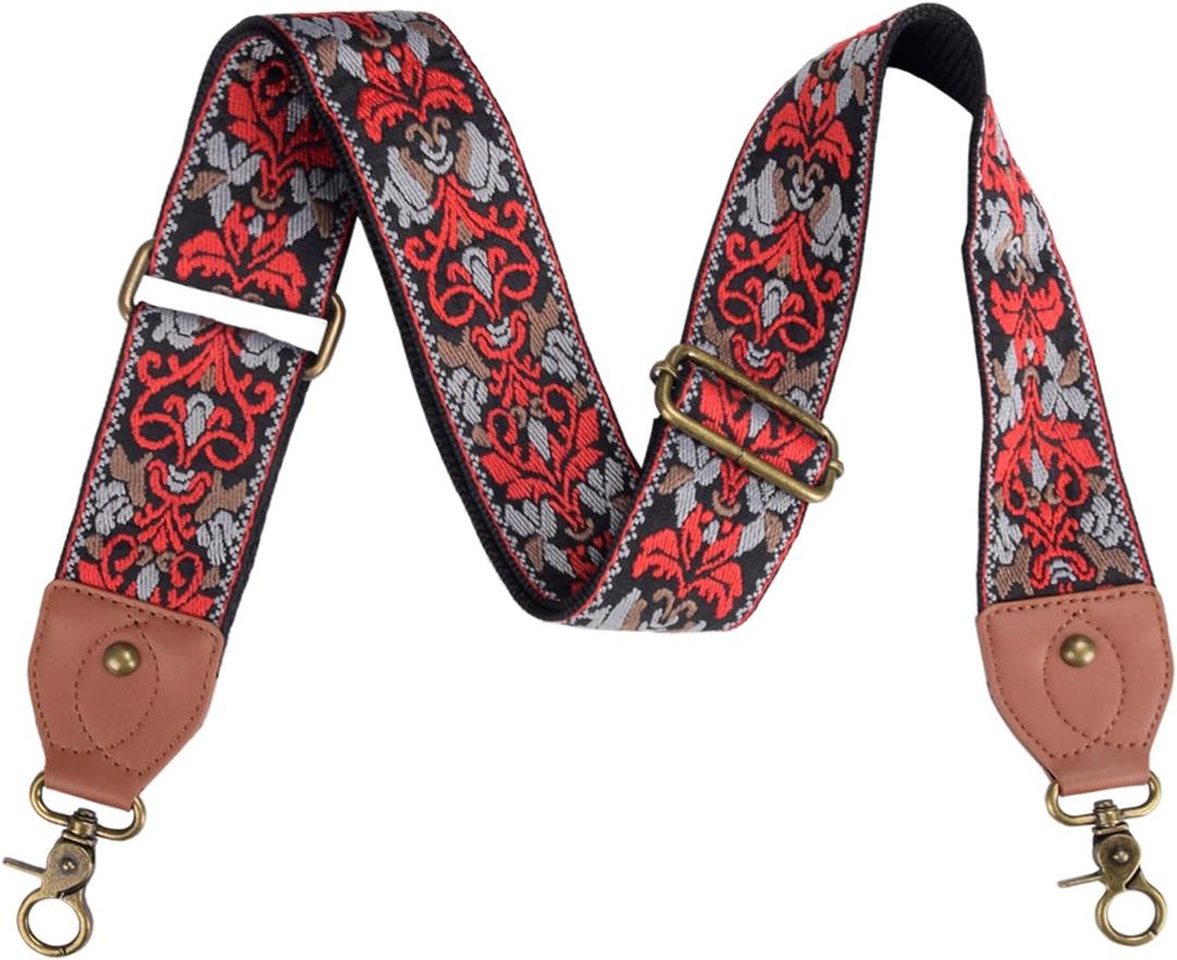 Purse Strap Replacement Crossbody Adjustable Bag Strap Retro Jacquard Embroidery Wide Shoulder Strap for Women Handbags (Red Flower)