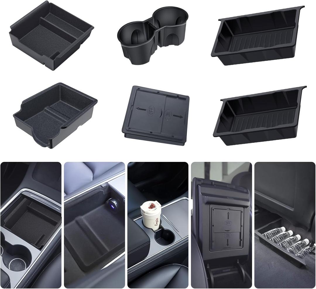 Center Console Organizer Tray for Tesla Model Y 2024-2020(Not Fit Model Y 2024 2025 Juniper), 6PCS Interior Accessories with Armrest Storage Tray, Hidden Storage Box, Cup Holder Insert, Under Seat Box