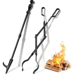 AMAGABELI GARDEN & HOME 32" Long Fire Pit Poker Stick and 26" Fireplace Tongs Tool Sets Fireplace Log Grabber for Firewood Campfire Bonfire Heavy Duty Wrought Iron Rustproof Indoor Outdoor Wood Stove