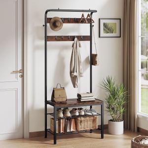 NEWBULIG Coat Rack, Hall Tree with Shoe Bench, 4-in-1 Entryway Organizer with 10 Hooks and Storage Shelf, Rustic Wood Entryway Bench for Mudroom, Living Room, Bedroom, Brown