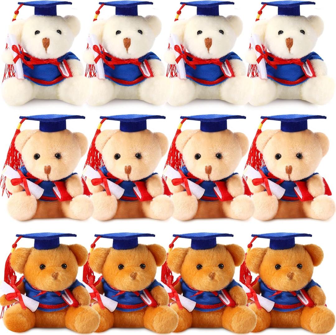 Zomiboo 12 Pieces Graduation Bears Class of 2026 Mini Stuffed Animal Grad Bear 3.54 Inches with Cap Preschool Graduation Gifts Bulk Tiny Detachable Plush Keychain DIY Party Favors(Blue Cap)