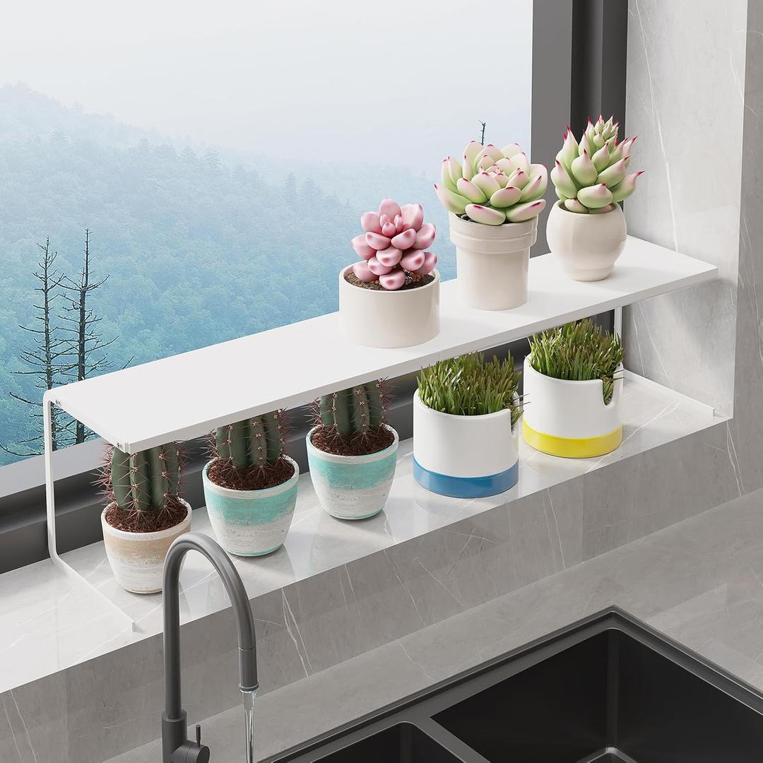 1pc Small Narrow Shelf for Windowsill Kitchen Spice Rack Organizer Stackable Tall Shelves Scalable Window Plant Rack for Narrow Space Countertop Storage (White)