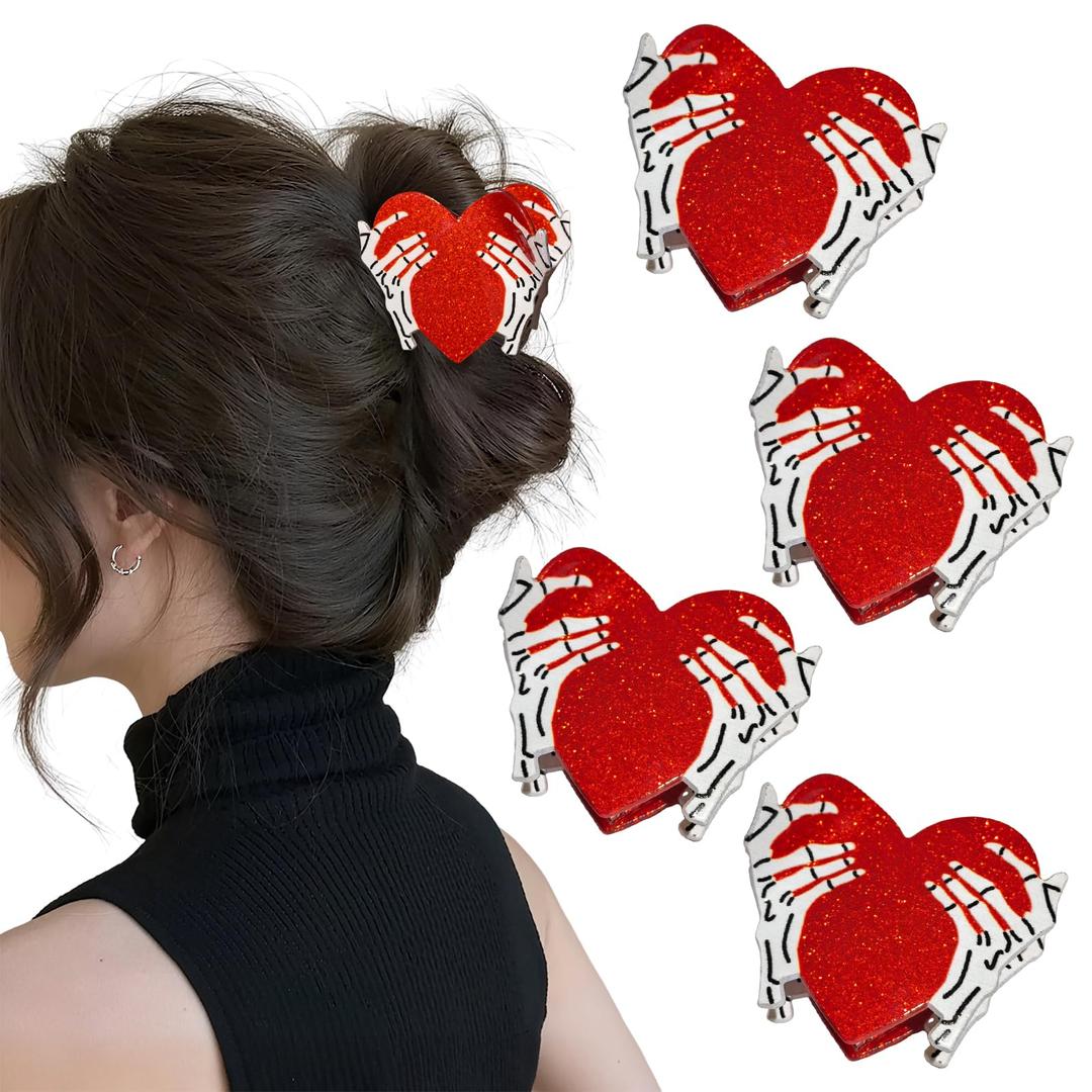 YUEELI 4 Pack Heart Hair Clips for Women, Skeleton Hand Heart Hair Claw Clips, Halloween Hair Claw Clips for Girls Women, Cute Acrylic Valentine's Day Hair Accessories for Thick Hair Thin Hair