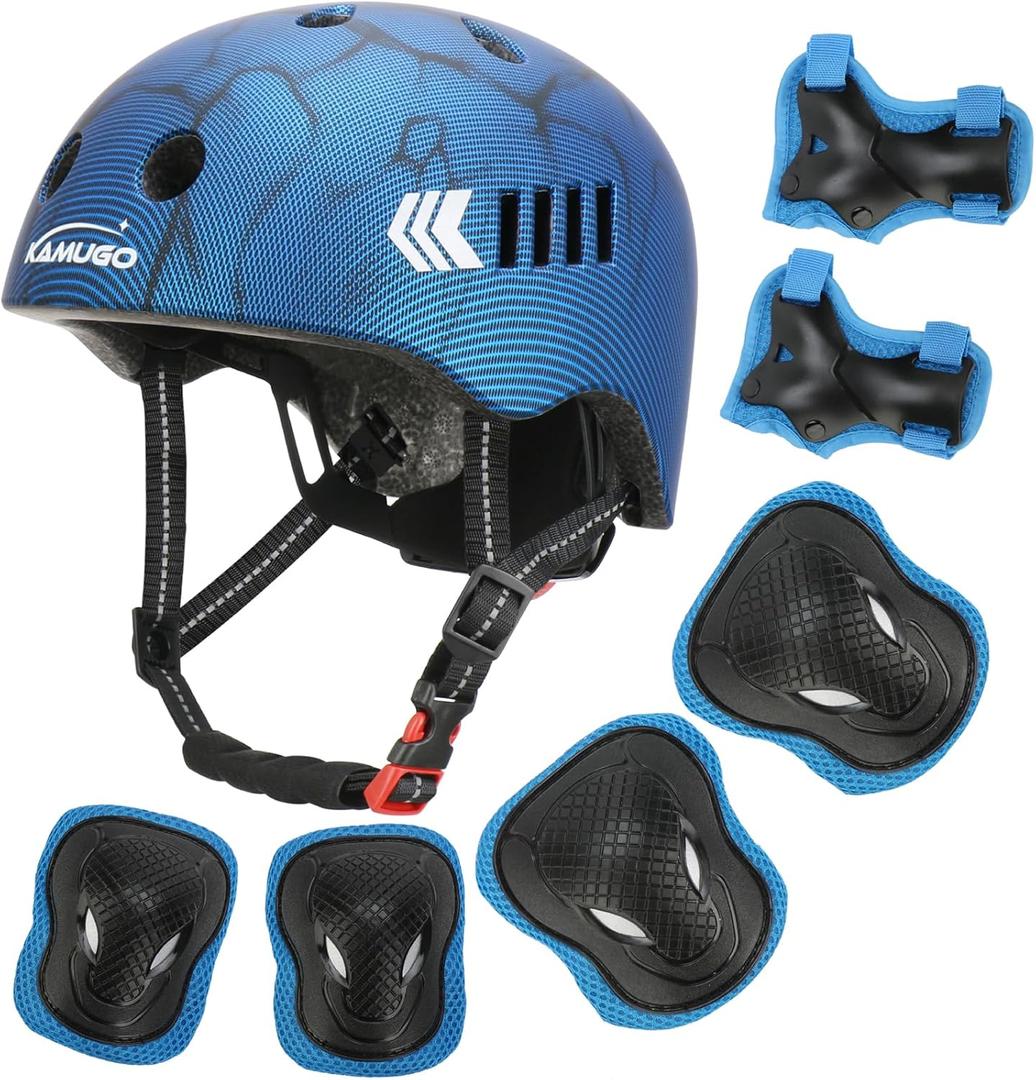 KAMUGO Kids Bike Helmet Set, Toddler Helmet for Ages 2-8 Boys Girls with Sports Protective Gear Set Knee Elbow Wrist Pads for Skateboard Cycling Scooter Rollerblading, 
Small	2 - 8	19.3 - 21.3