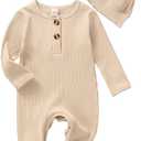 Infant Boys Girls Clothes Set Newborn Baby Romper Hat Ribbed Knit Long Sleeve Button Solid Bodysuit Jumpsuit (0-3 Months, Light Khaki)