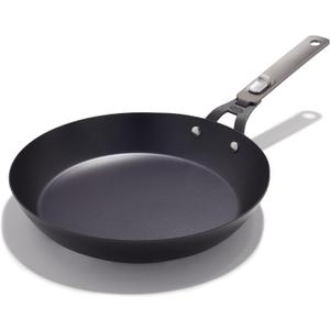 OXO Outdoor Pre-Seasoned Carbon Steel 12" Frying Pan Skillet, Detachable Handle for Easy Storage, Indoor Use, Nonstick with Use, Induction Suitable,Oven & Broiler Safe,Browning, Grill,Sear,Saute,Black