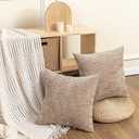 Set of 2 Decorative Khaki Throw Pillow Covers 18x18 No Cusion Inserts, Boho Pillow Cases for Couch Sofa Bed Living Room, Soft Textured Chenille Case with Zipper Gift Home Deco, Khaki