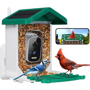 Smart Bird Feeder with Camera, AI Bird Species Identification Solar Powered Panel, 2.5k HD Video Bird House with Camera for Outside Garden, Ideal Gifts for Lover,Green