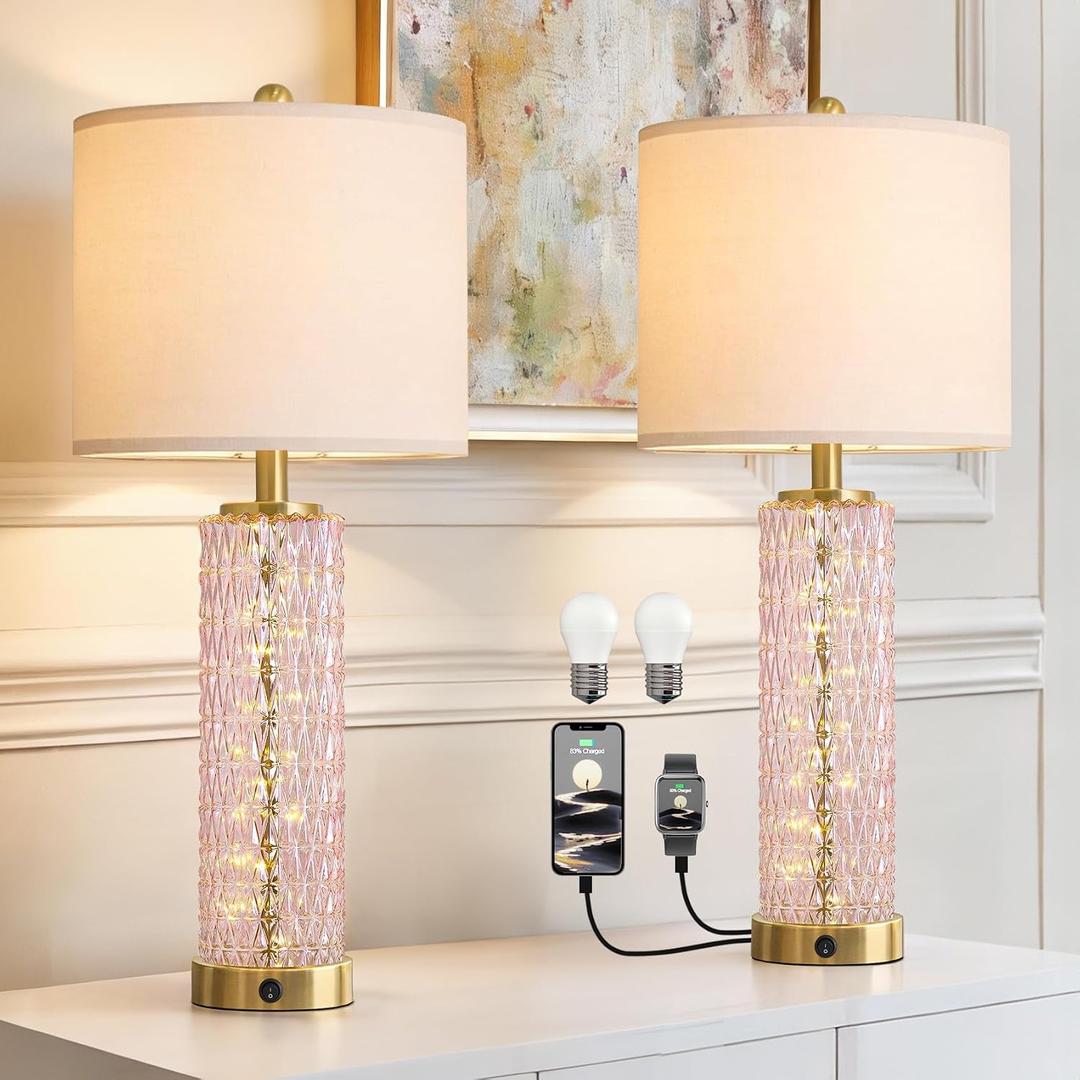 Oneach 27.75" Modern Table Lamps Set of 2, Pink Bedside Lamp with Class Nightlight, USB A+C, Unique Desk Lamps for Living Room, Bedroom, Nightstand, End Table (2 Bulbs Included)