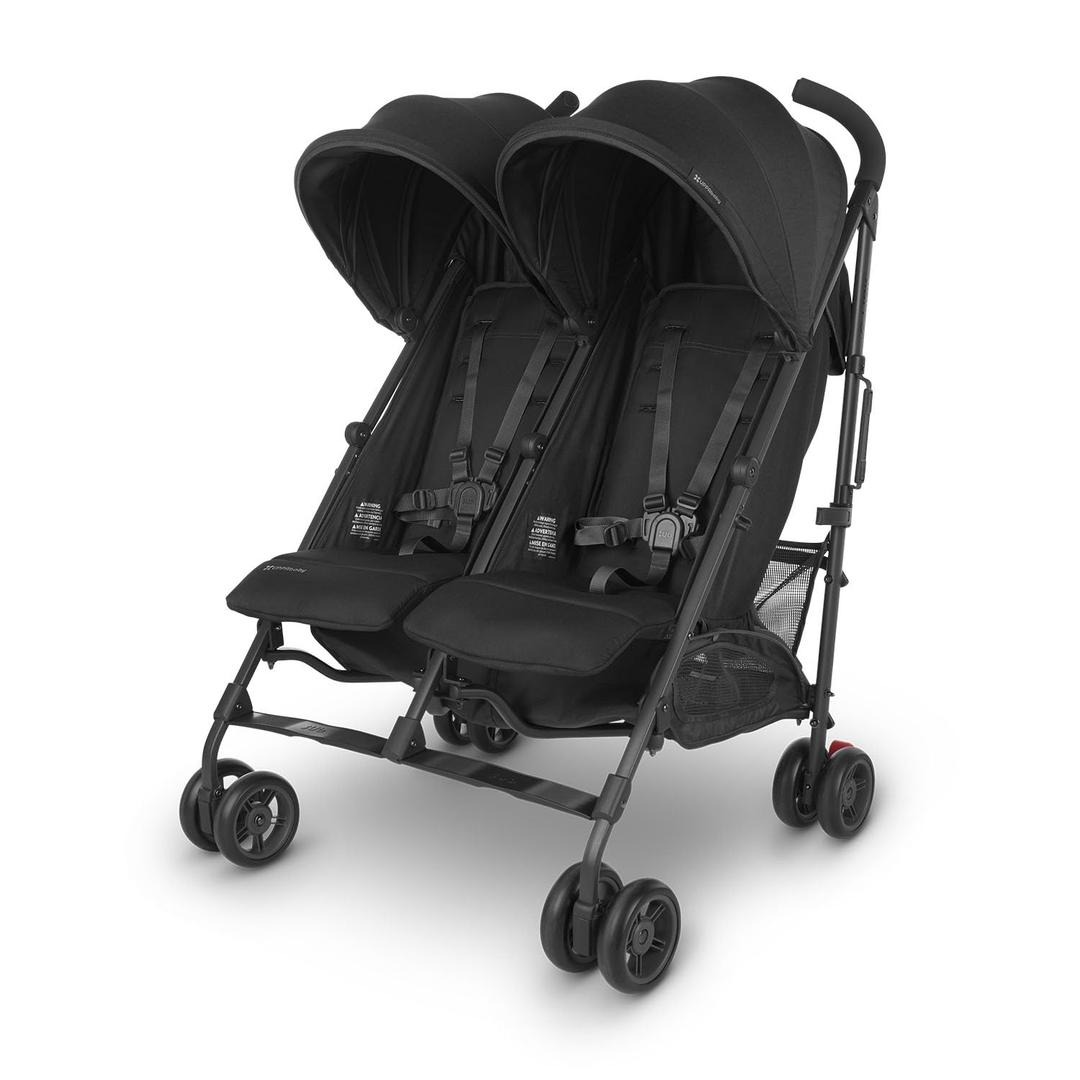 UPPAbaby G-Link V2 Double Umbrella Stroller / Lightweight Design / One-Step Fold + Recline / XL Basket + Canopy / Cup Holder Included / Jake (Black/Carbon Frame)