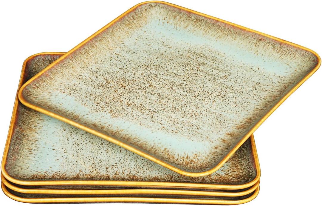 jinsongdafa Ceramic Dinner Plates Dish Set, Set of 4, for Lunch snacks -Microwave Oven & Dishwasher Safe, Scratch Resistant, Dinnerware Kitchen Porcelain Serving Dishes,9 inch Square (Square Brown Reactive Color)