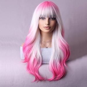 MAGQOO Hot Pink Blonde Ombre Wigs Women Girls Dark Pink White Ombre Wig with Bang Two Tones Colorful Wig Halloween Cosplay Costume Party