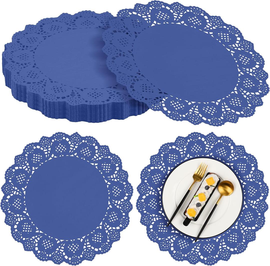 MCEAST 100 Pack Round Blue Paper Doilies 13.5 Inches Lace Place Mats Rustic Scallop Doily Disposable Paper Table Pads for Food Cakes Crafts Party Weddings Tableware Decor