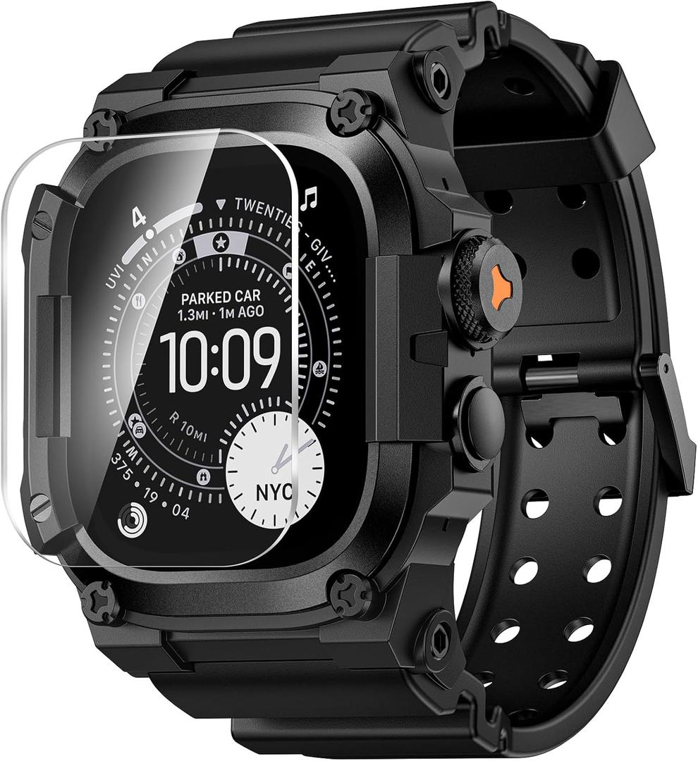 Goton Rugged Case with Band for Apple Watch Ultra 3/2/1 49mm, Military Grade Shockproof Cover + Screen Protector Kit for iWatch Band Men, Skin-Friendly TPU Strap for Outdoor Adventures (Black)