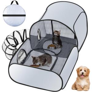 Cat Playpen with Surround Tunnel, Large Dog Pen with Breathable Soft Sides, Foldable Kitten Playpen Indoor and Outdoor, Cat Ten with Carry Bag, Cat Enclosure for Small Animals