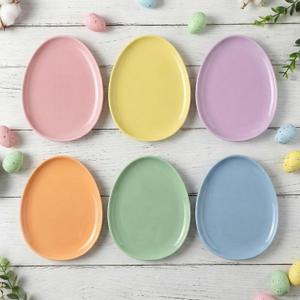 Jinei 6 Pcs Easter Pastel Ceramic Dessert Plates 7.8inch Easter Egg Shaped Ceramic Serving Candy Dishes Eggs Dinner Tray Salad Plates Dinnerware for Spring Garden Tea Party Supplies