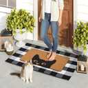2 x Welcome Door Mat Combo Set, 28" x 43" Black and White Plaid Mat +17" x 30" Cat Welcome Mat, 2 PCS Doormat Set for Front Door, Entrance, Porch Decor, Non-Slip
