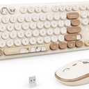 Wireless Keyboard and Mouse Combo, 2.4GHZ Typewriter Retro Full Size Keyboards, Cute Colorful Computer Keyboard and Wireless Mouse for Laptop/Desktop/Windows/PC (Milk Tea Colorful)