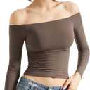 SUUKSESS Women Off Shoulder Double Lined Long Sleeve Shirts Basic Going Out Tops (Large, Mocha)
