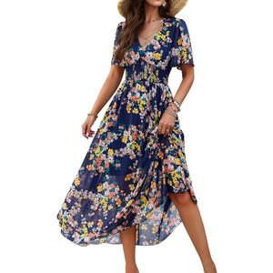 Women's Floral Maxi Dress Flowy V Neck Empire Waist Summer Wedding Guest Party Casual Chiffon Dress 3XL