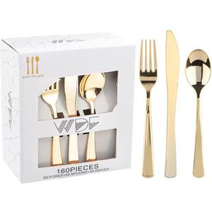 WDF 160 Piece Gold Plastic Silverware - Heavy Duty Gold Silverware Includes 80 Forks, 40 Spoons, 40 Knives, Plastic Utensils Perfect for Wedding, Christmas Party