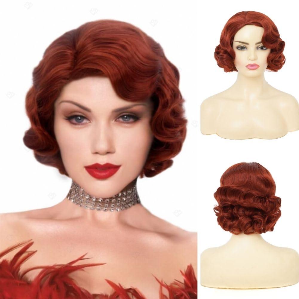 Red Finger Wave 1920s Wigs for Women Short Synthetic Hair Wig Cosplay Halloween Costume Flapper Wig(Brown Red)