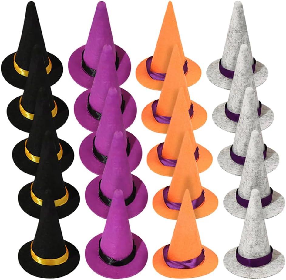 GSHLLO 20 Pcs Mini Felt Witch Hats Miniature Halloween Party Hat Wine Bottle Hat Topper Tiny Wizard Cap Hat Small Tree Ornaments Hats for DIY Crafts