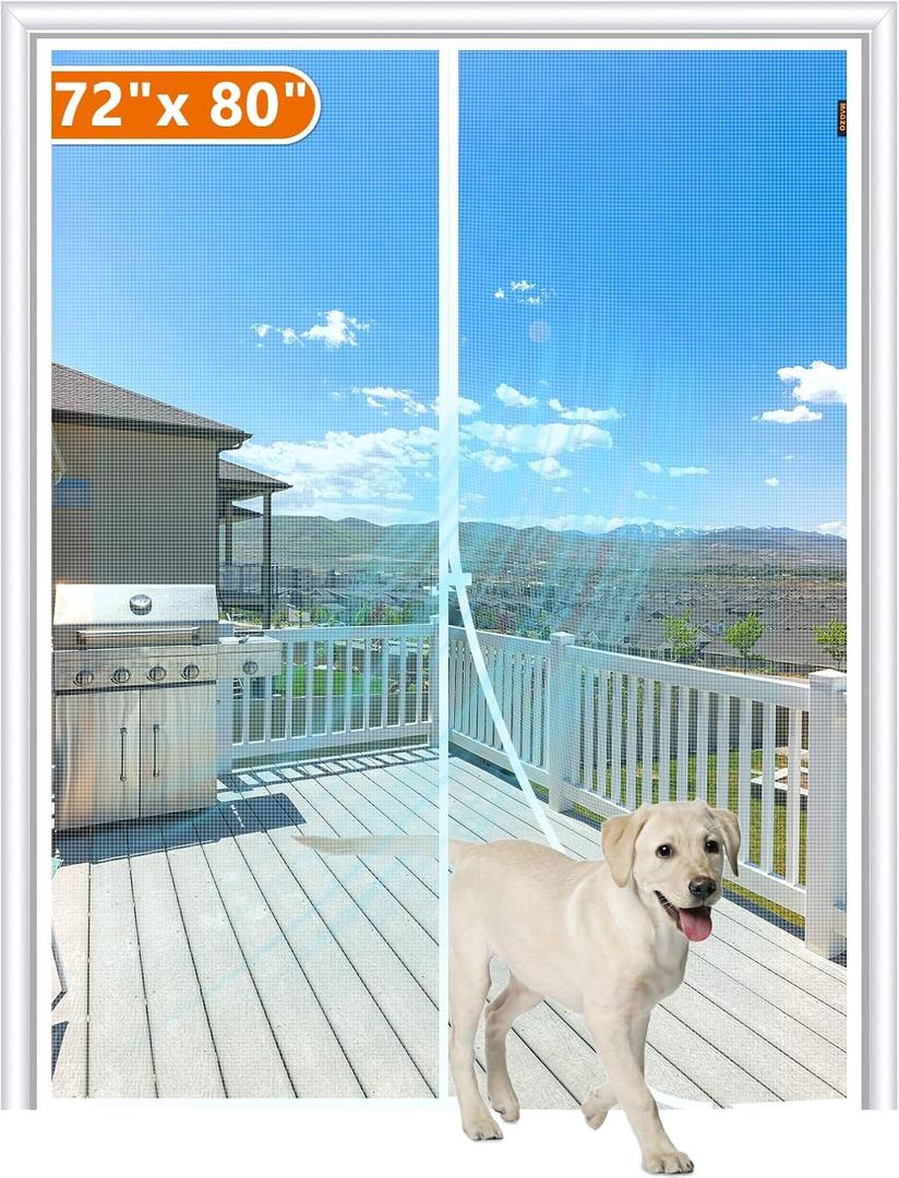 MAGZO Magnetic Screen Door Fit Door Size 72 x 80 Inch, Screen Size 74" x 81" Strong Magnet Door Mesh with Reinforced Hook & Loop for Patio, Sliding, French, White
