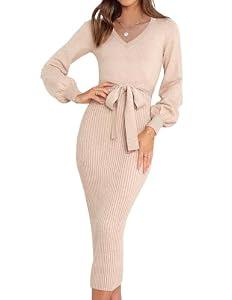 HAEOF Womens 2024 Long Sleeve V Neck Casual Sweater Dress Slim Fit Elegant Knit Fall Winter Midi Dresses(Light Tan, M)