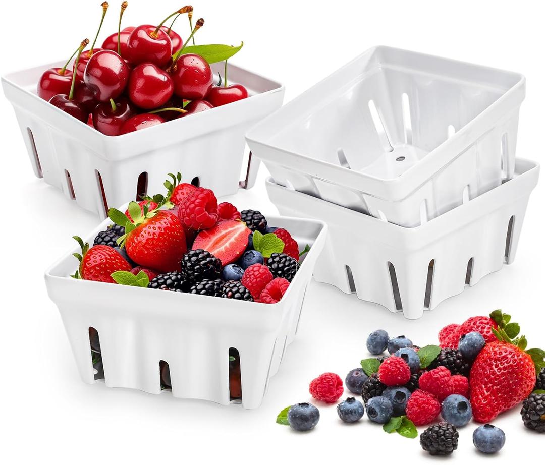 ZEAYEA 4 Pack Melamine Berry Basket, Berry Bowl With Holes, Square Kitchen Fruit Basket for Christmas, 5" Colander Cute Container for Grape, Strawberry, Cherry, Berries, Veggies, White
