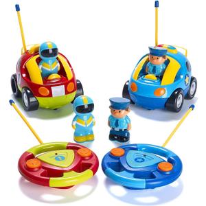 PREXTEX Cartoon Remote Control Car - 2-Pack Police and Race Car Toddler Toys - RC Cars for Kids with Different Frequencies - Easy Remote Control Toy and Thoughtful Gifts for Boys and Girls