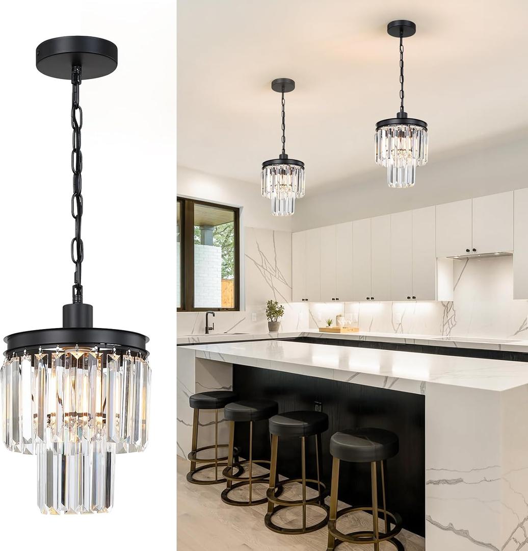 Small Chandelier Light Fixture, Black Crystal Pendant Light, 2 Tiered 8" Modern Mini Hanging Lights, Vintage Chandeliers for Bedroom Dining Room Kitchen Island Entryway Living Room Foyer