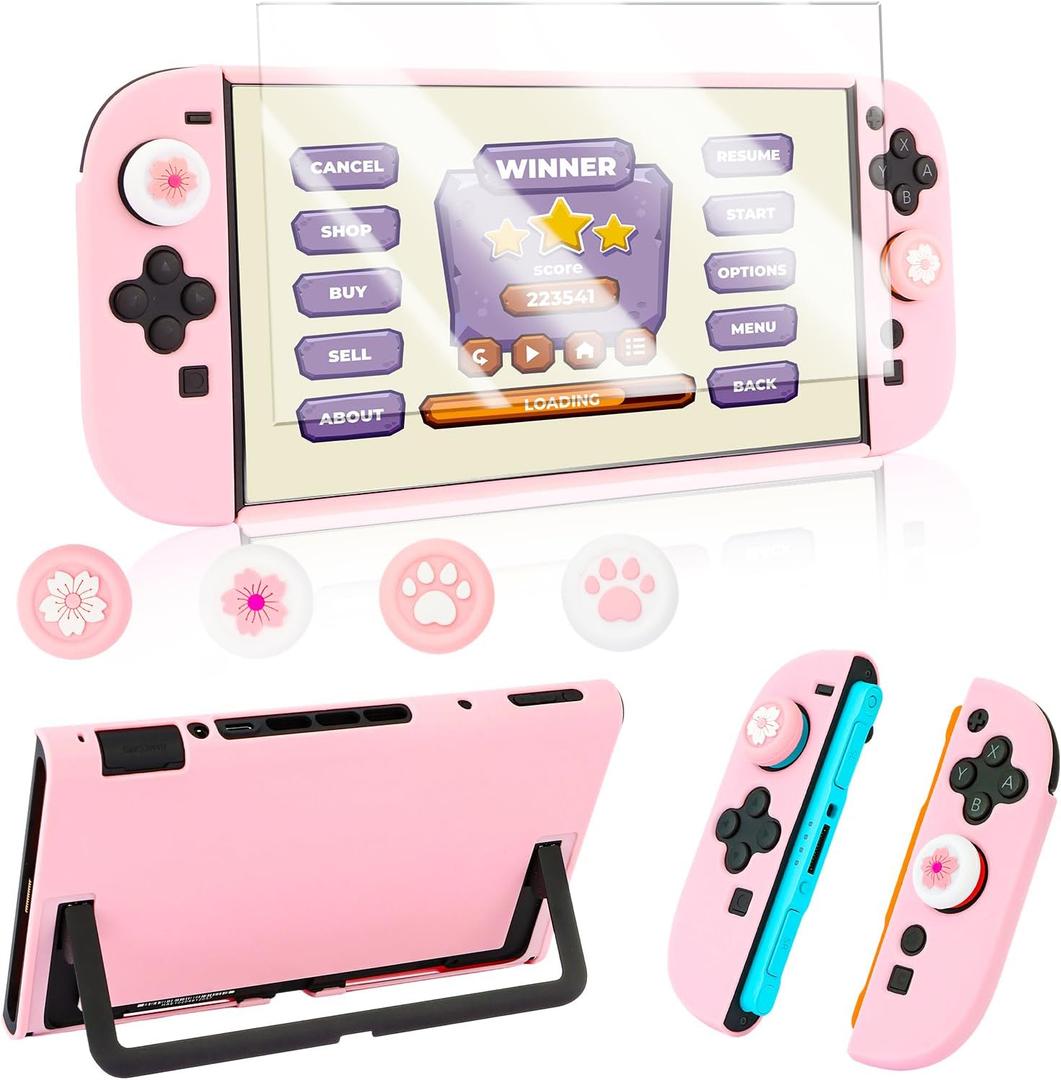 OLDZHU Protective Shell Compatible with Nintendo Switch 2,Pink Dockable Case Cover for Switch 2 with Glass Screen Protector and 4 Thumb Grips,Shock-Absorption and Anti-Scratch